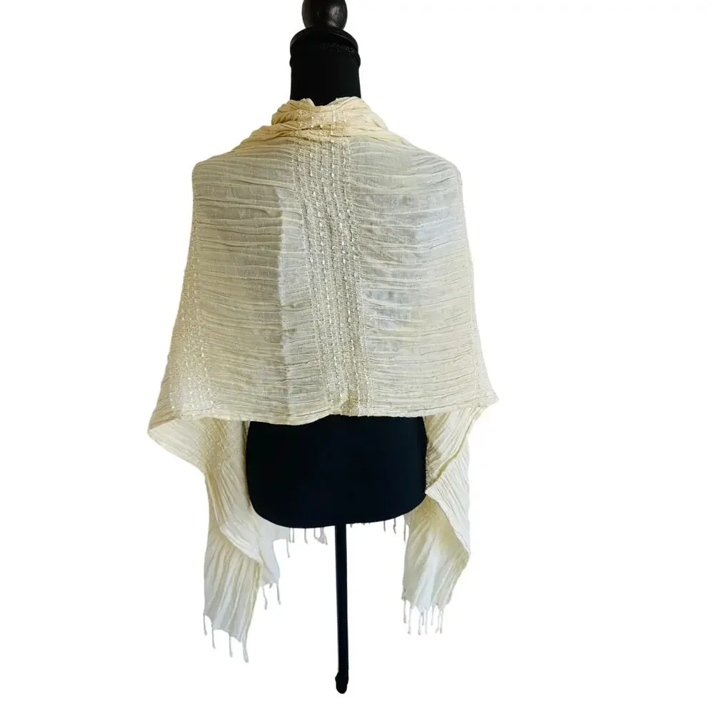 Ivory Crinkle Smocked Shawl Wrap | Fringed Textured Scarf